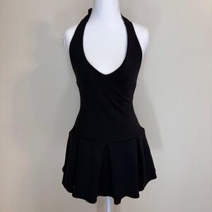 Black Halter Pleaded V-Neck Mini Dress Womens S Whimsigoth Coquette 90s Y2k